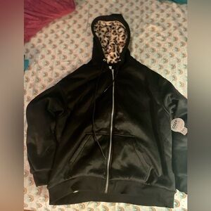NWT Black Leopard print fur lined hoody jacket, coat size large